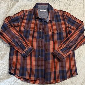 Outerknown Blanket Shirt, Men's Navy/Orange Plaid Flannel, Medium